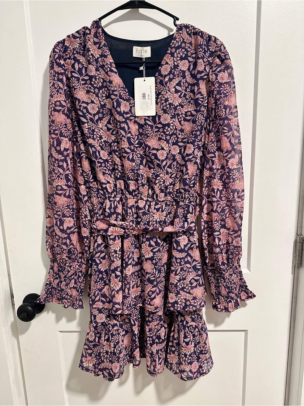 Fate Navy and Pink Floral Tiered Long-Sleeve Dress